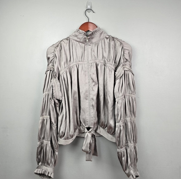 CURRENT AIR Anthropology‎ Gray Crop Long Sleeve Satin Jacket Womens Size L - Picture 2 of 12